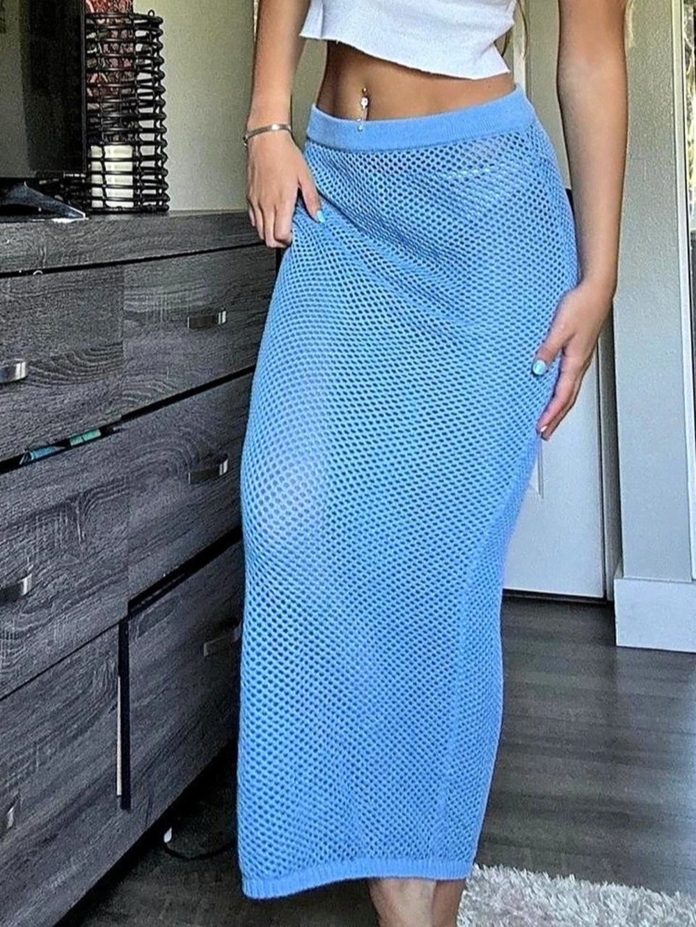 Crochet Knit Maxi Skirt Blue